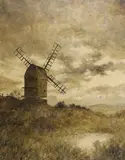oil on board, Windmill in a cloudy landscape, monogrammed, 52 x 41cm by H. B., oil on board, sold Feb 2022