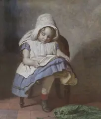 Interior with seated infant girl reading by Frank Nowlan, watercolour, sold Feb 2022