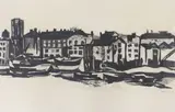 Waterside houses by Bob Walls, 1965, charcoal on paper, sold Feb 2022
