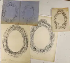 Designs for mirror frames, 28 x 20cm and 15 x 11cm and 16 x 24cm, unframed and initialled by Hannah Barlow, ink and pencil, offered Feb 2022