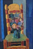 Still life of flowers in a vase upon a chair by Tony Agostini, oil on canvas, sold Feb 2022
