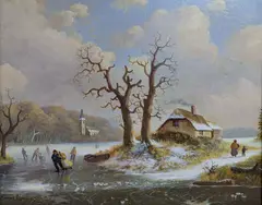 Winter landscape by Raymond Campbell, oil on panel, offered Feb 2022
