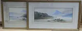 Lake scenes with cattle watering and anglers by Edwin Earp, watercolor, sold Feb 2022