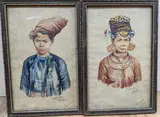 Kwi woman, Siamese border' and 'Kwi man by Maung Su Yatanabon, watercolor, sold Feb 2022