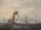 Fishing vessels off the coast by Max Parsons, oil on board, sold Jan 2022