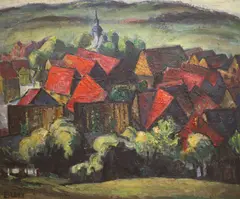 The Red Village by Emmanuel Levy, oil on board, sold Jan 2022