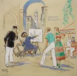 1950's French street scene with artist and onlookers by Helen McKie, oil on board, sold Jan 2022