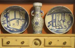Chinese plates and vase from The David Foundation by Frederick Clifford Harrison, oil on board, sold Jan 2022
