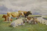 Cattle beside a river by William Sidney Cooper, watercolour, sold Jan 2022