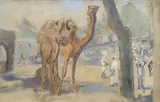 Camel and figures, North Africa, inscribed verso, 22 x 35cm by Anne Benthall, watercolour, sold Jan 2022