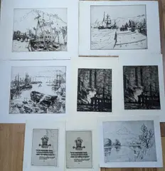 Eight unframed etchings1 by Nelson Dawson, oil, sold Jan 2022