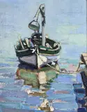Mediterranean fishing boat by Michel Dureuil, oil on canvas, sold Jan 2022