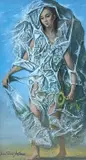Woman standing with sunflower by Jean-Paul Alaux, mixed media, sold Jan 2022
