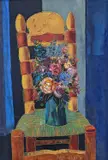 Still life of flowers in a vase upon a chair by Tony Agostini, oil on canvas, sold Jan 2022