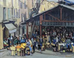 French market scene by Michel Dureuil, oil on canvas, sold Jan 2022