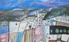 Quilt with Seven Barns by Robin Richmond, 1988, oil on canvas, sold Jan 2022