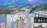 Quilt with Seven Barns by Robin Richmond, 1988, oil on canvas, sold Jan 2022