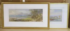 River landscape with barge and cattle beside a loch by Cornelius Pearson, 1864, watercolor, sold Jan 2022