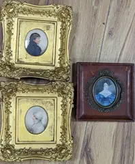 Portraits of a lady and gentleman, both signed, 6.5 x 5.5cm and an oil on ivory miniature by Albin Roberts Burt, watercolour on paper, sold Jan 2022