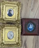 Portraits of a lady and gentleman, both signed, 6.5 x 5.5cm and an oil on ivory miniature by Albin Roberts Burt, watercolour on paper, sold Jan 2022
