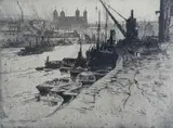 View along the Thames with the Tower of London by Percy Robertson, etching, sold Jan 2022