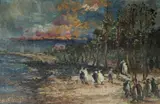 Figures on the shore at sunset by Paul Verona, oil on board, sold Jan 2022