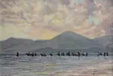 Huntsmen on the seashore by Roy Miller, oil on canvas, sold Jan 2022