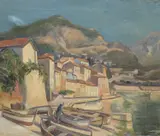 Mediterranean fishing village by Hans Brasch, oil on canvas, sold Jan 2022