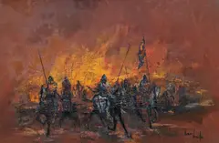 Crusaders on horseback by Ben Maile, oil on board, sold Jan 2022