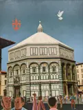 Ronald Miller and Robert Erich Wolf in front of The Baptistry Florence, Italy by Margaret Ingram, 1990, oil on board, sold Jan 2022