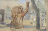 Camel and figures, North Africa, inscribed verso, 22 x 35cm by Anne Benthall, watercolour, offered Jan 2022