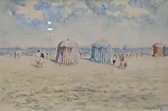Beach scene by Rene Sim Lacaze, watercolour, sold Jan 2022