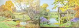 Stream and bridge & lake with boathouse by Theresa S. Stannard, watercolor, sold Jan 2022