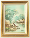 Thai, a figure in a boat approaching dwellings on a river by Nikit Kampan, oil on board, sold Aug 2023