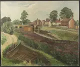 British, A rural scene with houses in a row opposite a canal and lock by Kathleen Tyson, oil on canvas, sold Aug 2023