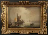 Figures in a rowing boat with vessels in a harbour by William Thornley, oil on canvas, sold Aug 2023