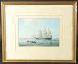 Figures in a rowing boat with a three masted ship and city beyond by Michael Matthews, oil on canvas board, offered Aug 2023