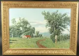 A landscape with a man and dog on a track near to an old building with a tin roof by Michael Wood, Wood, offered Aug 2023