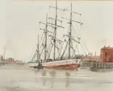 British, Tall boats moored in the harbour, Yarmouth, watercolours, both signed and inscribed in pencil, 9.75" x 12.5 by Leslie L Hardy Moore, pencil, sold Aug 2023