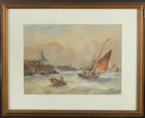 Choppy seas outside a harbour wall with sailing boats by Robert Malcolm Lloyd, watercolour, sold Aug 2023