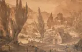 A sepia drawing of an extensive landscape with figures, houses and ruins throughout by J. Me, 1865, watercolor, offered Aug 2023