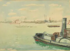 A river scene with a steamboat and other shipping by William Dring, 1935, watercolour, offered Aug 2023