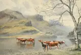 British, Cattle watering at the edge of a loch with mountains beyond by Edward .J. Duval, 1879, watercolour, offered Aug 2023
