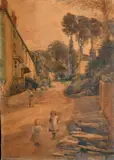Cows in a field beside rural buildings by George Hamilton Constantine, watercolour, sold Aug 2023