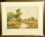 British, An extensive river landscape with a house, ducks on the river and cattle grazing in the distance, thought to be on the river, Chelmer, Essex by Wiggs Kinnaird, watercolour, offered Aug 2023