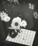 A bowl of flowers on a checkered table top by Jeff Clarke, etching and aquatint, offered Aug 2023