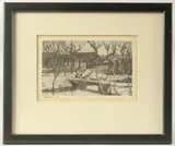 A print of a figure heading towards Chinese buildings by T. Spikins, 1950, print, offered Aug 2023