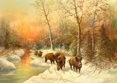 German School Wild boar gathered along the edge of a stream in a snowy winter landscape by W. von Kamp, oil on canvas, offered Aug 2023