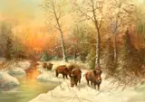 German School Wild boar gathered along the edge of a stream in a snowy winter landscape by W. von Kamp, oil on canvas, offered Aug 2023