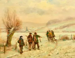 GERMAN A shooting party in a snowy landscape on the edge of a village by Adolf Rheiert, oil on board, sold Aug 2023